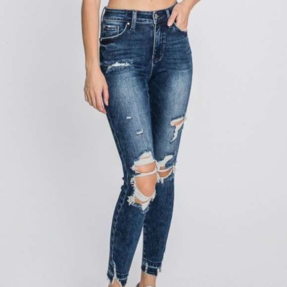 High Rise Dark Ankle Skinny Distressed Jeans - Picture 2 of 5